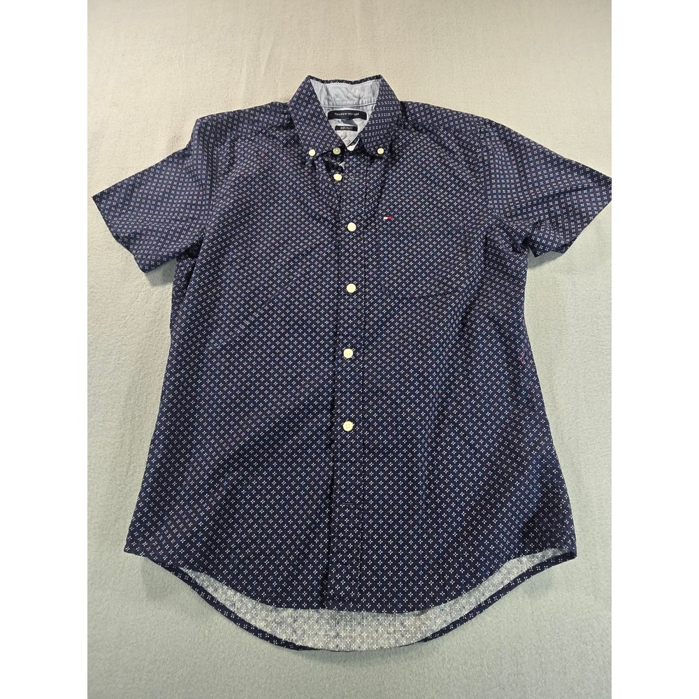 Tommy Hilfiger Button Down Shirt Mens Small Navy Blue Custom Fit Short Sleeve‎